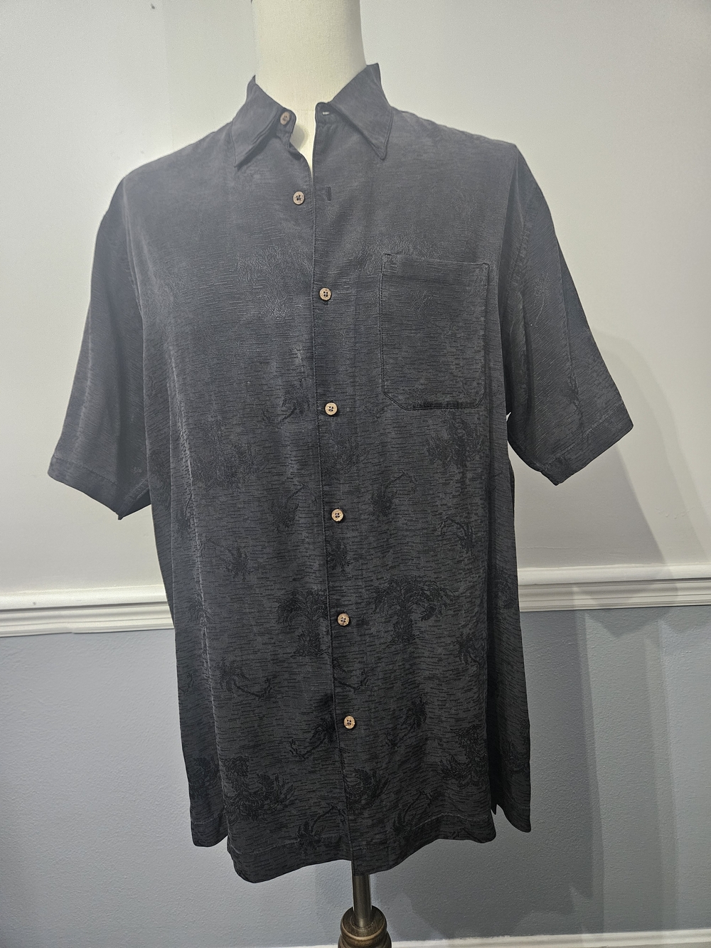 Vintage Firethorn Black Silk Palm Tree Jacquard Camp Shirt Mens Large